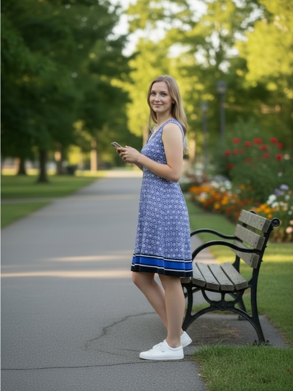 Sleeveless Blue Printed Midi Dress with Striped Hem